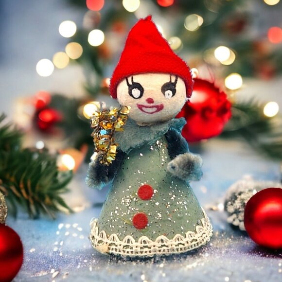 1950s Putz Elf Ornament Tinsel Brush Tree Chenille Arms Mica Felt Hat Japan - Picture 1 of 7